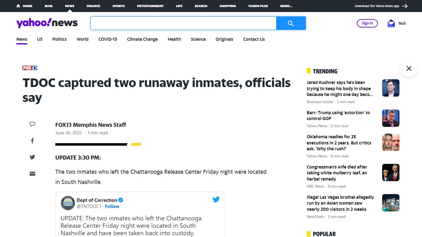 TDOC captured two runaway inmates, officials say - Yahoo! News